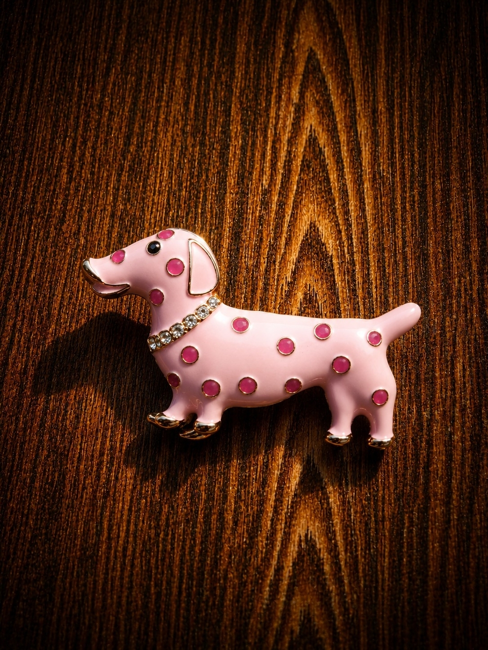 Mint Pink Polka Dot Dachshund Brooch with Rhinestone Collar